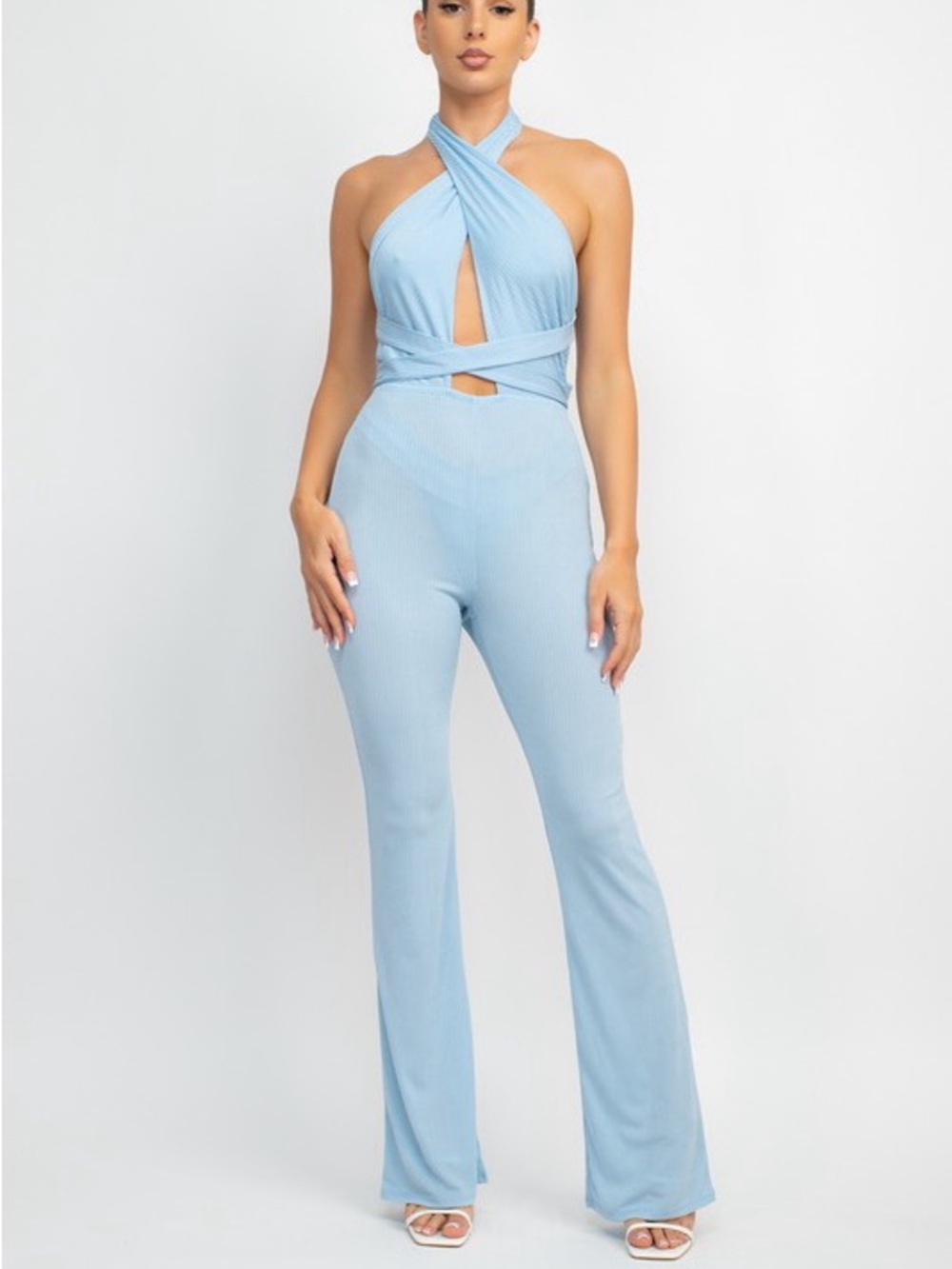 Light Blue Crisscross Halter Jumpsuit
